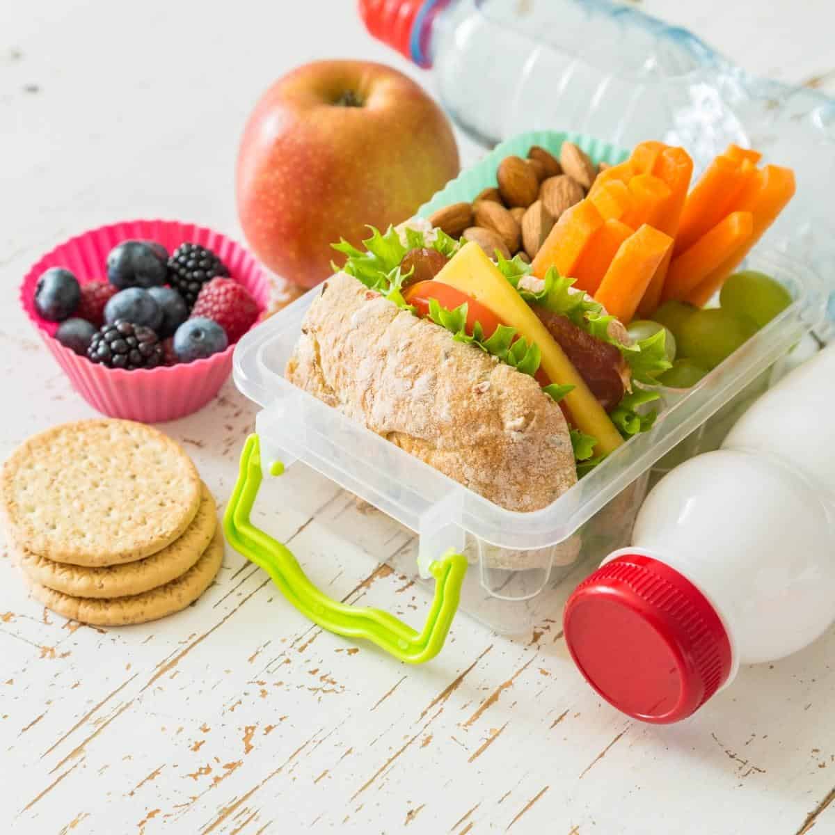 A plastic bento box filled with snacks and lunch ingredients.