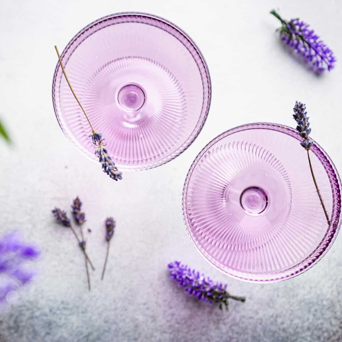 Top view of two purple cocktails garnished with sprigs of lavender.