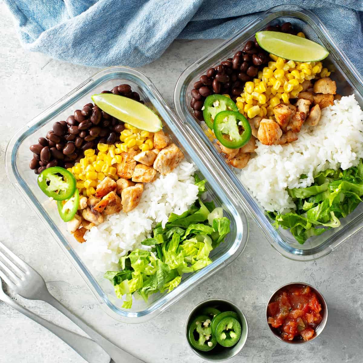 Various ingredients in meal prep containers.