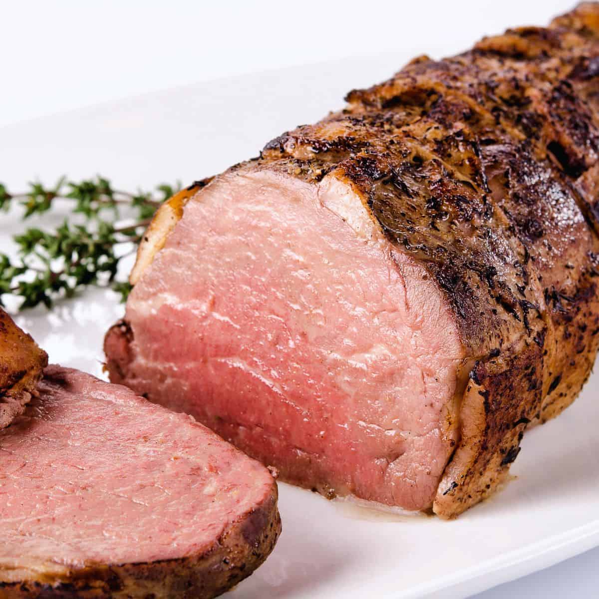 A sliced beef tenderloin.