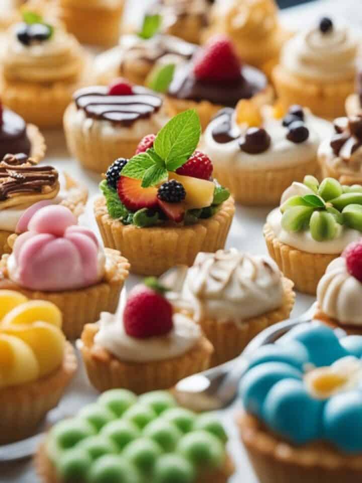 A variety of cupcakes are arranged on a table.
