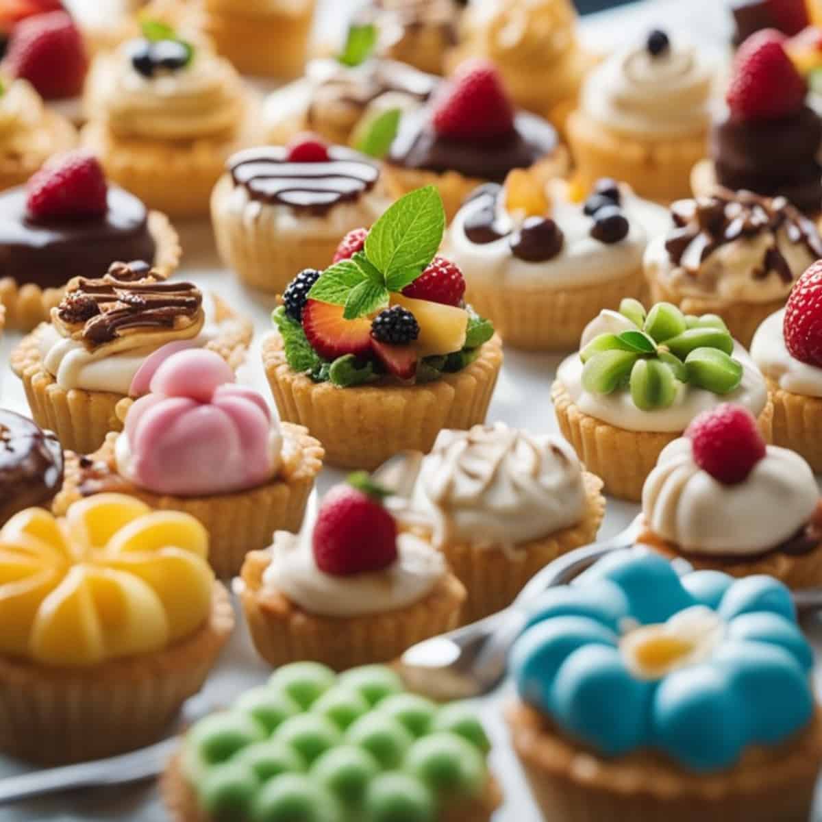 A variety of cupcakes are arranged on a table.