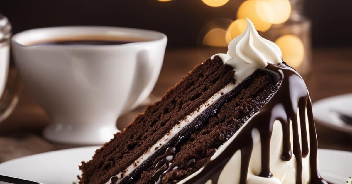 A slice of chocolate cake on a plate with a cup of coffee.