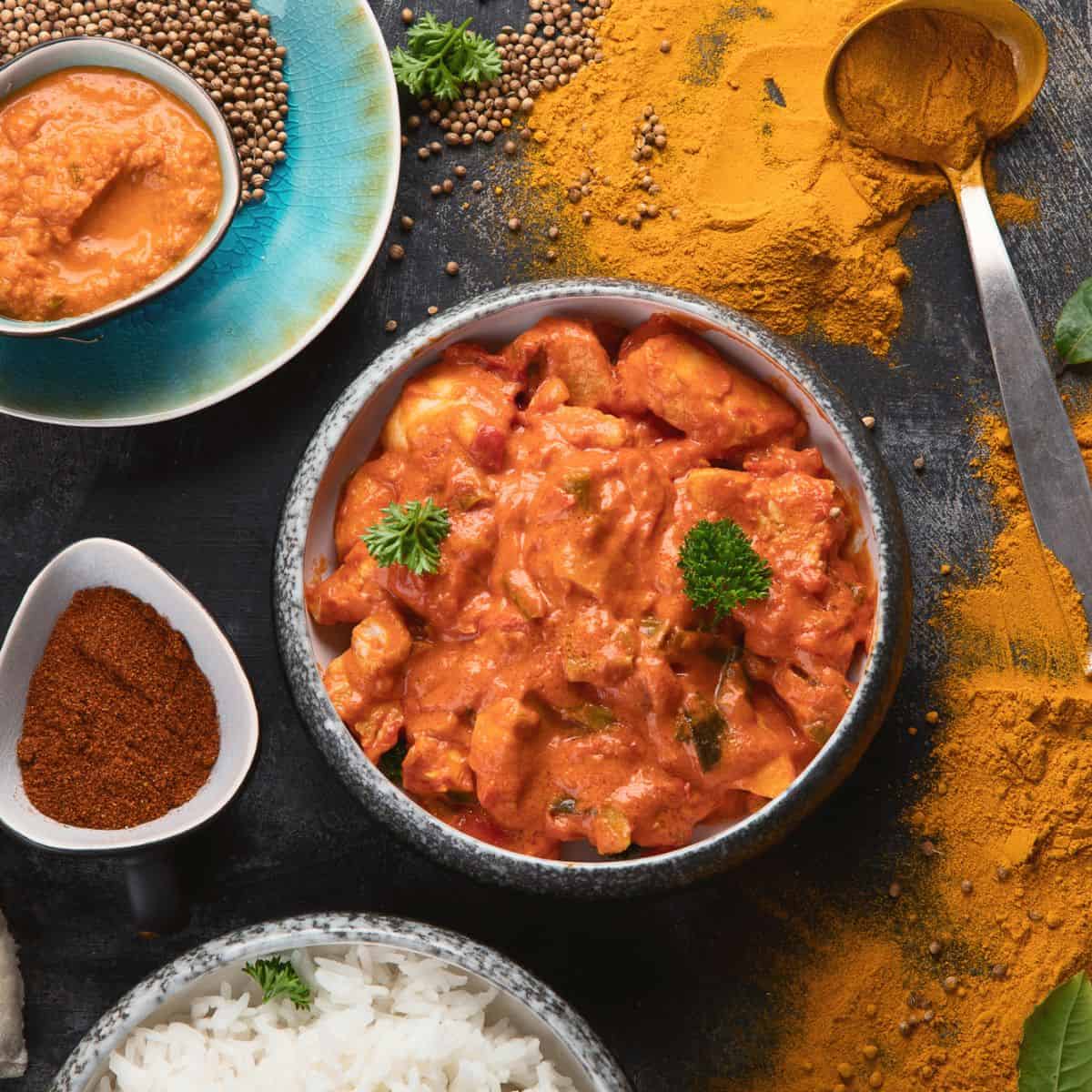 A bowl of tikka masala curry, rice and spices on a table.