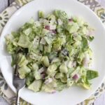 A fresh green salad with chopped lettuce, onions, and herbs served on a white plate.