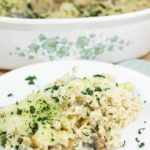 A serving of creamy chicken and rice casserole garnished with parsley on a white plate, with the baking dish in the background.