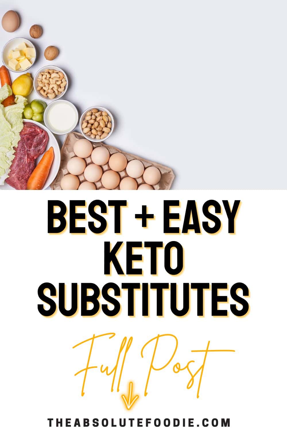 Variety of keto-friendly foods displayed with text overlay about best and easy keto substitutes.